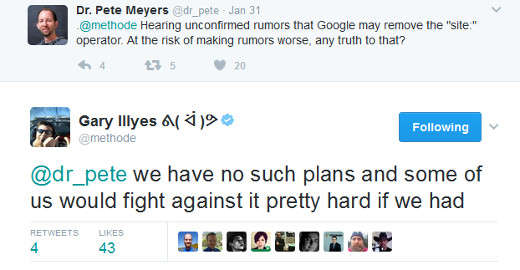 Gary Illyes auf Twitter: keine Abschaffung des Site-Operators geplant