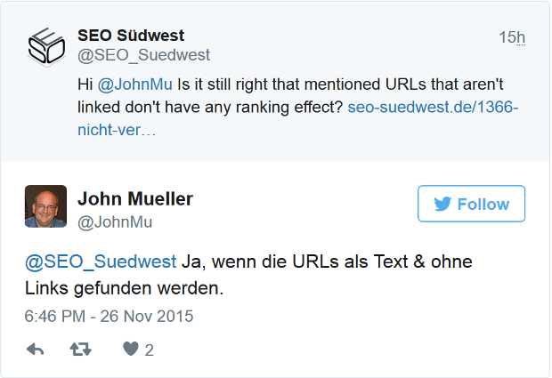 Johannes Müller auf Twitter zur Frage, ob nicht verlinkte URLs ein Rankingfaktor sein können