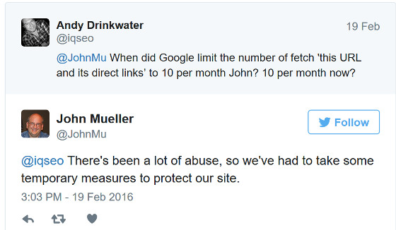 Johannes Müller auf Twitter zum neuen Limit beim Abrufen von URLs wie durch Google
