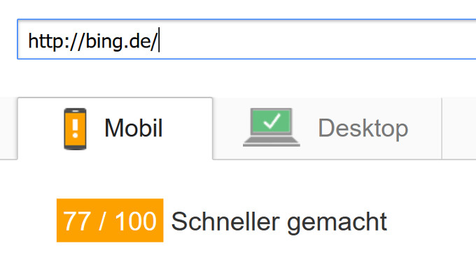 PageSpeed Insghts: Ergebnis für bing.de