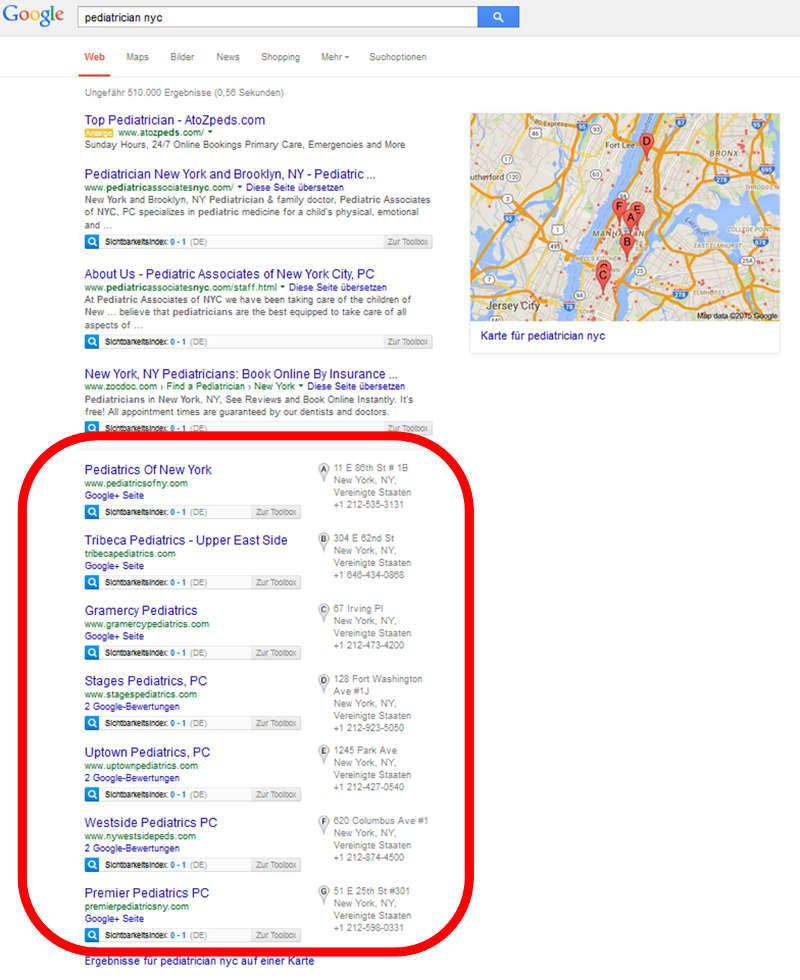 Google Local OneBox für Kinderärzte in New York City