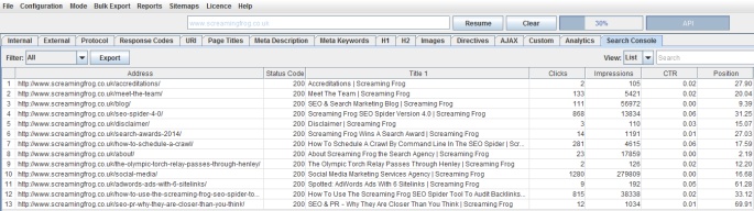 Sreaming Frog 5.0 mit integrierten Daten aus der Google Search Console