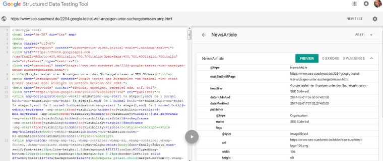 Structured Data Testing Tool mit Vorschau-Button