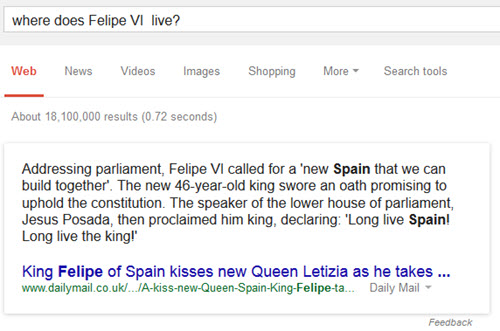 Frage nach dem Wohnsitz von Felipe VI. von Spanien auf Google