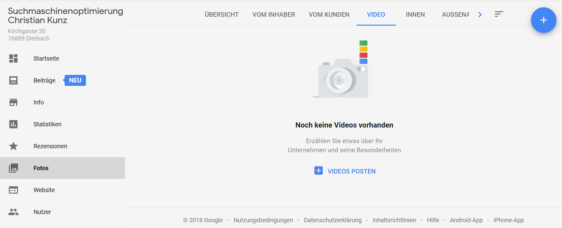 Google My Business-Dashboard mit Video-Tab