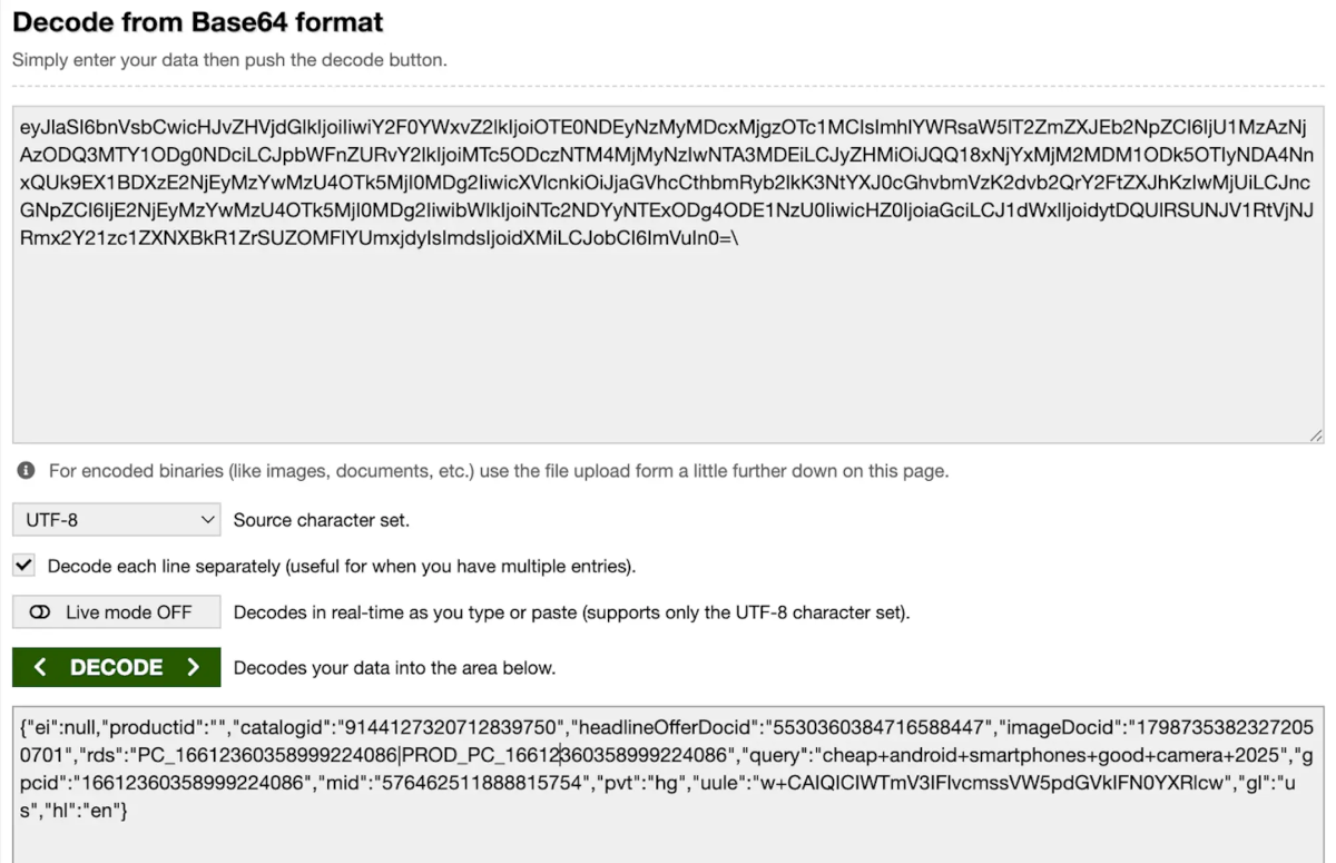 Anzeige einer ChatGPT Shopping-Anfrage decodiert