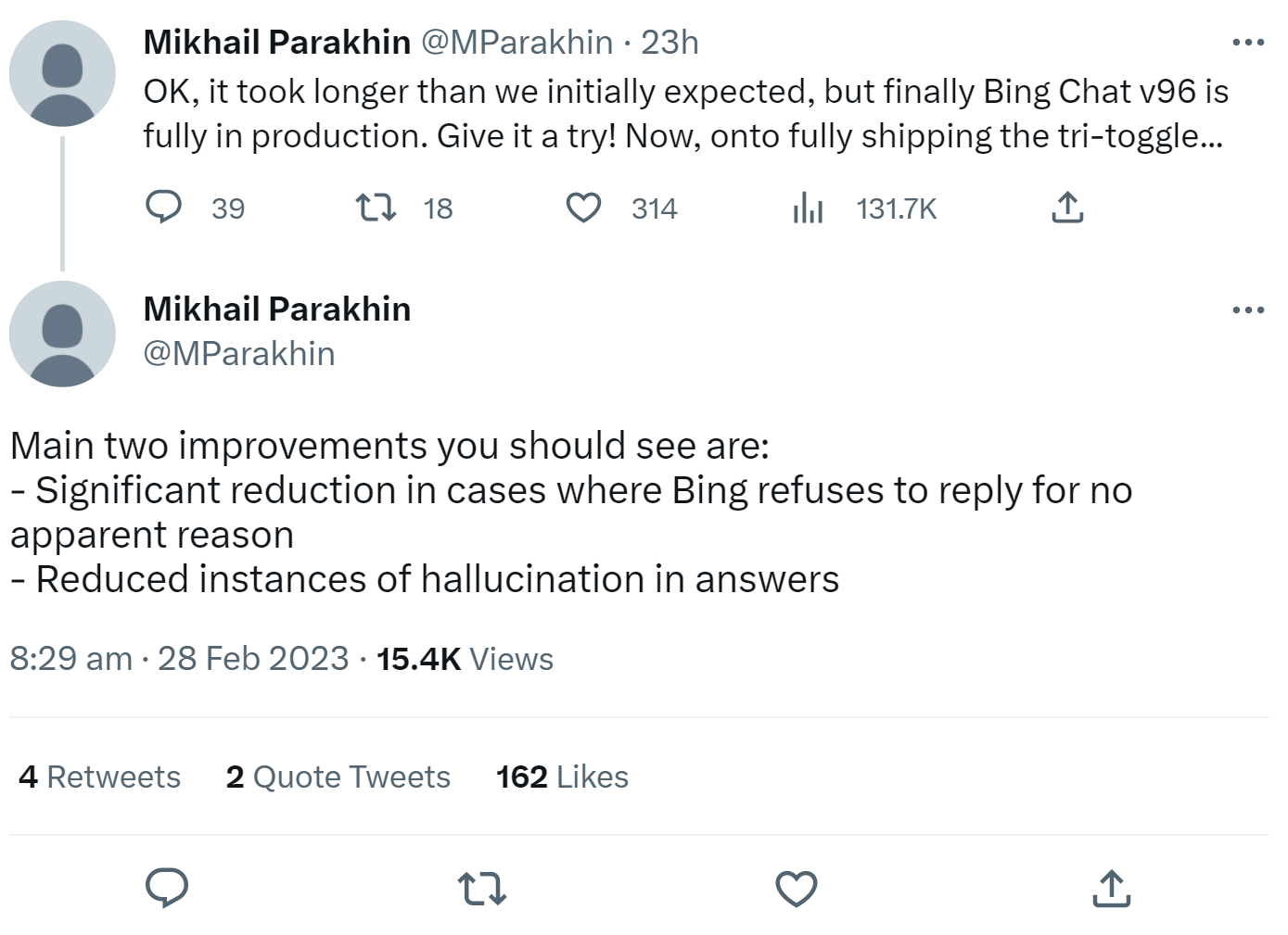 Bing Chat v96 ist live: Mikhail Parakhin auf Twitter