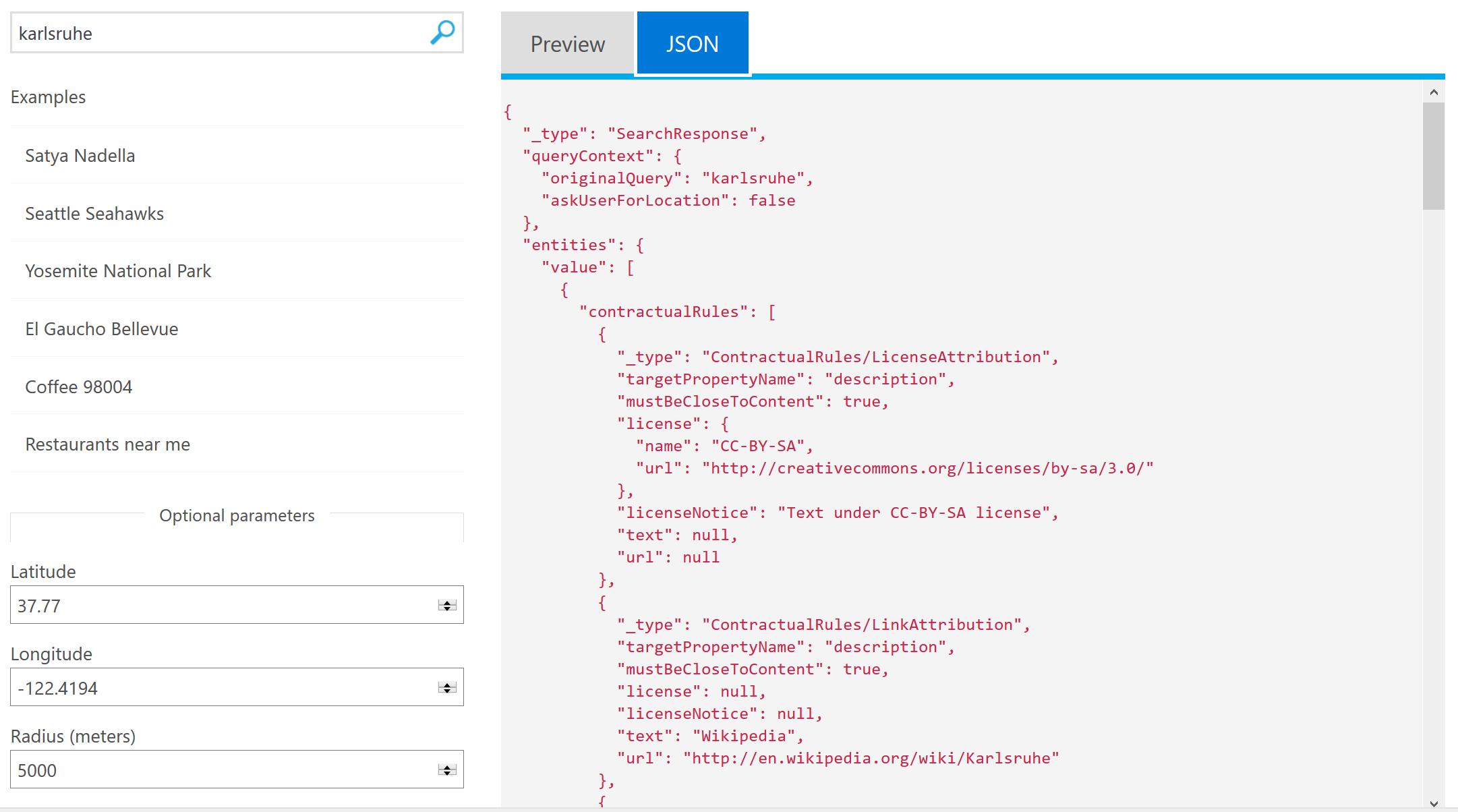Bing Entity Search API: JSON-Ergebnis