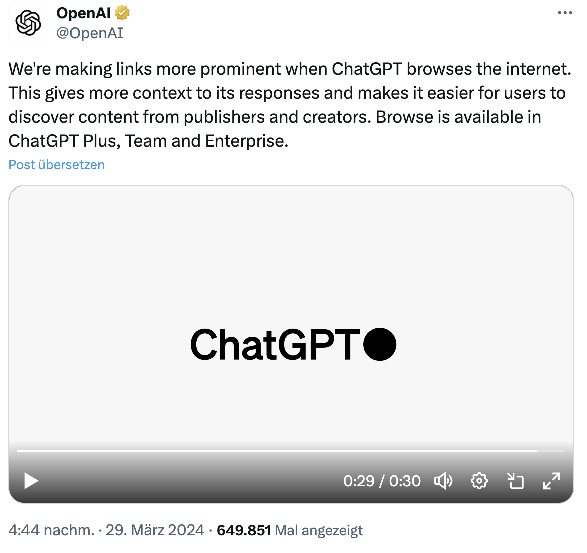 ChatGPT: Links werden prominenter dargestellt, wenn 'Browse the internet' genutzt wird