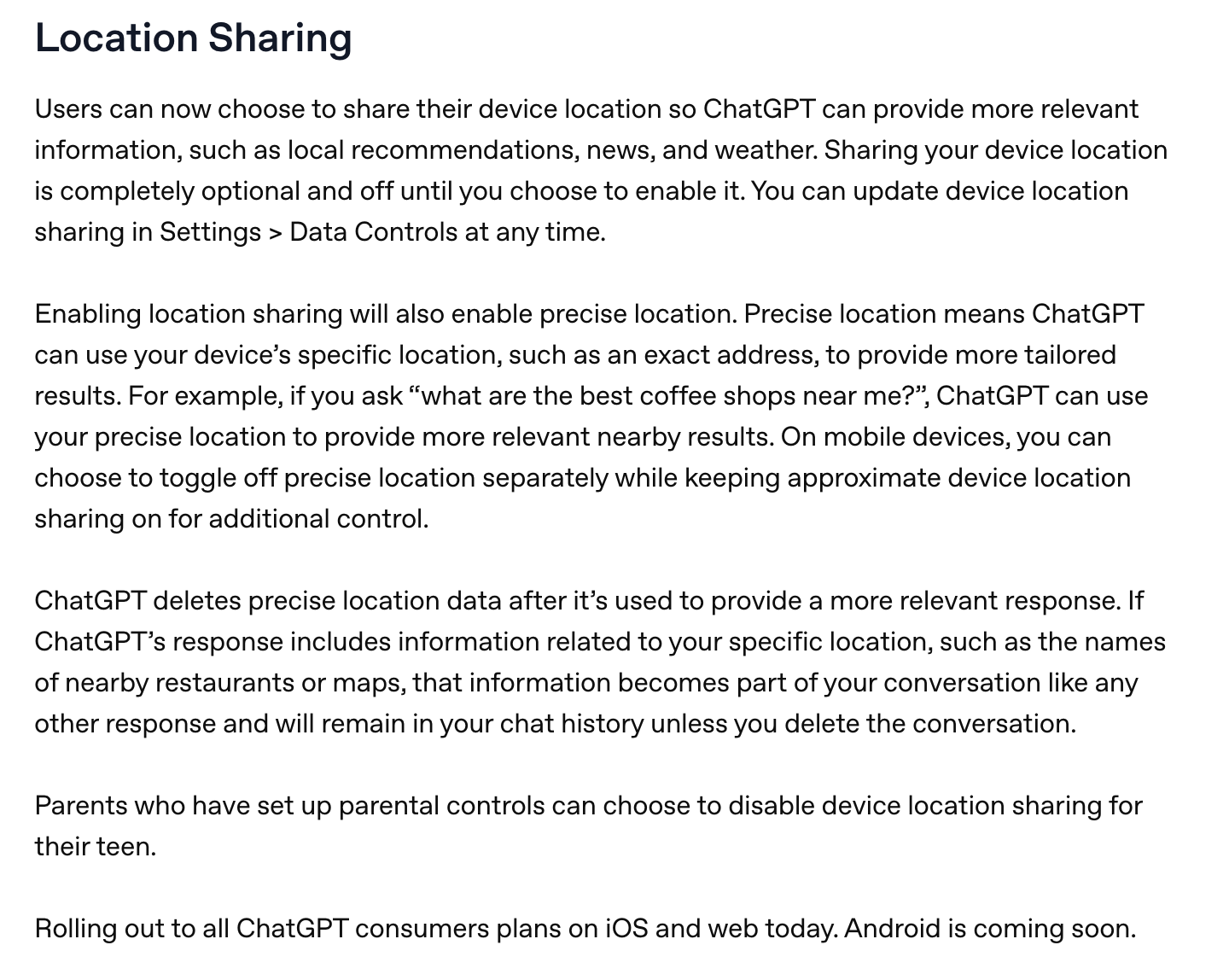ChatGPT Location Sharing Hilfetext
