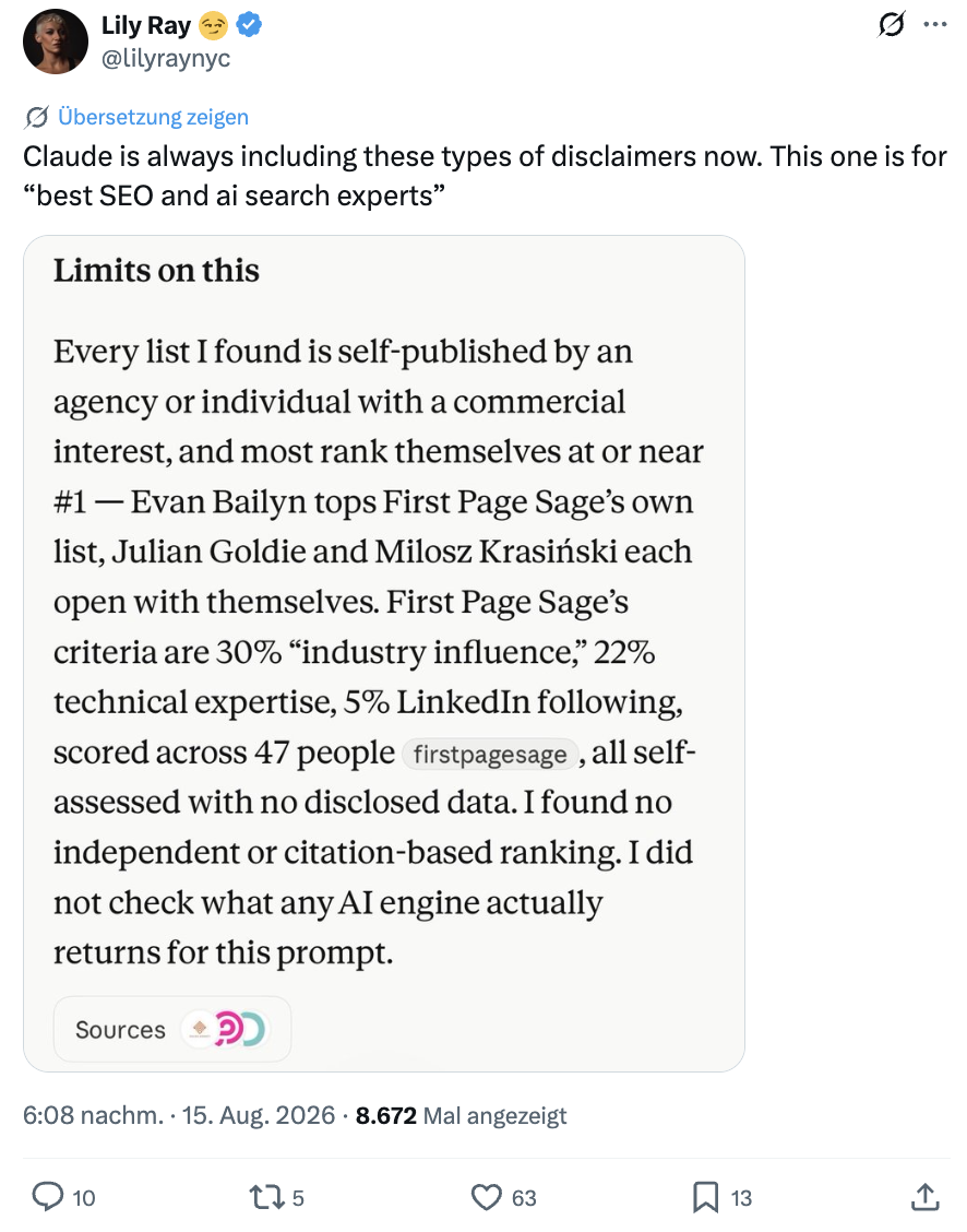 Claude mit Hinweis auf eigennützige Listicles