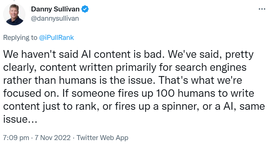 Danny Sullivan auf Twitter: Per KI erstellte Inhalte sind nicht automatisch schlecht