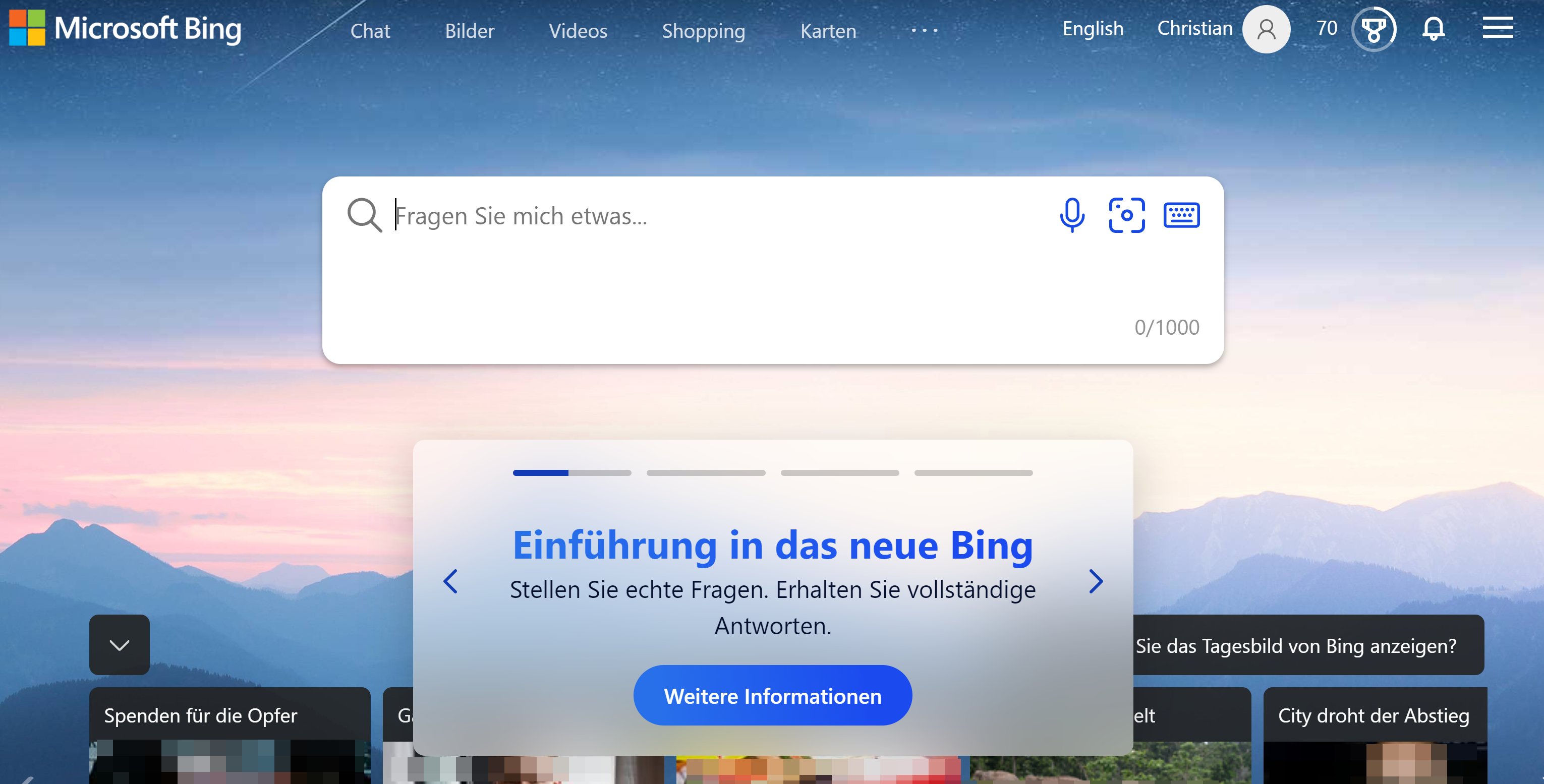 Das neue Bing: Startseite