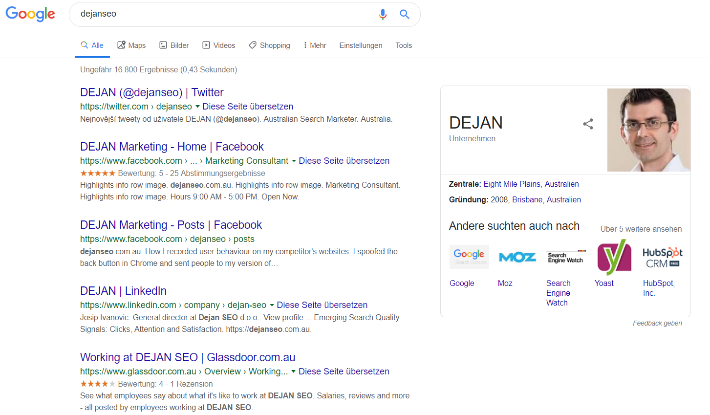 Dejanseo: kein Treffer auf erster Google-SERP bei Suche nach Marke