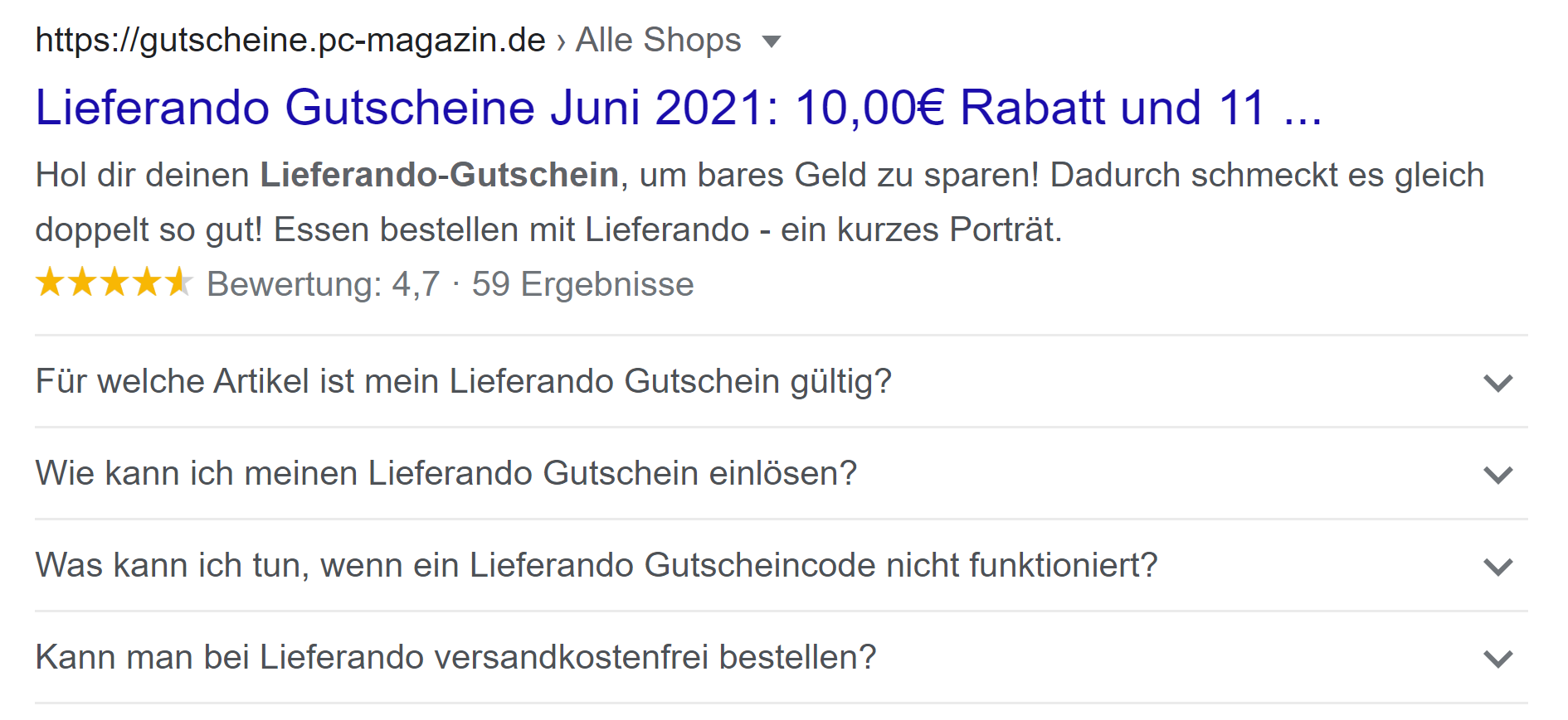 Google: deutsches Suchergebnis mit mehr als zwei FAQs