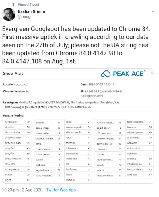 Evergreen Googlebot auf Chrome 84 aktualisiert