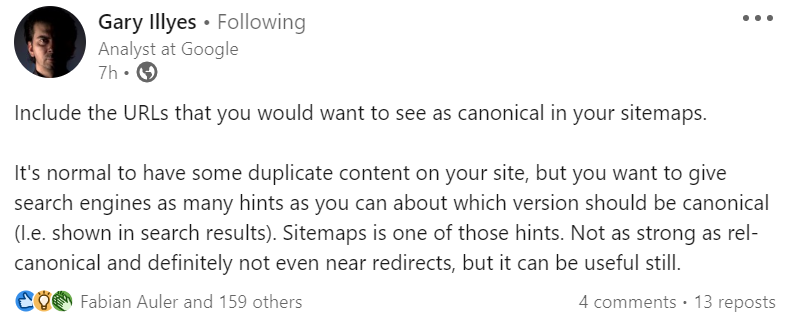 Gary Illyes auf LinkedIn: Canonical URLs in die Sitemap packen