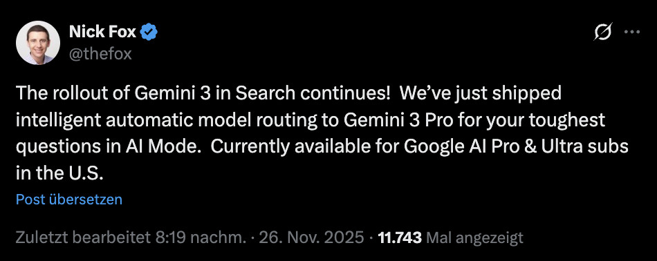 Google Gemini 3 Pro in der Suche: Nick Fox auf Twitter