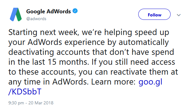Google AdWords will Konten ohne Ausgaben in den letzten 15 Monaten deaktivieren