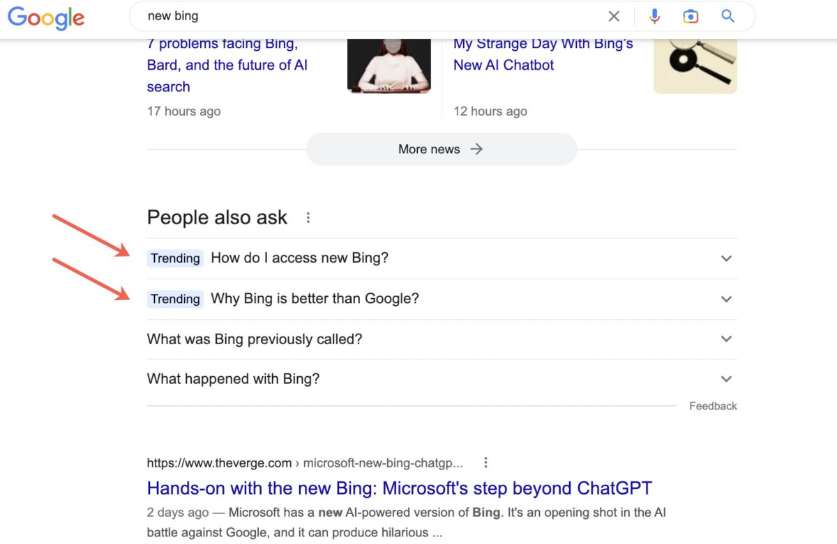 Google: Ähnliche Fragen mit 'Trending'-Label