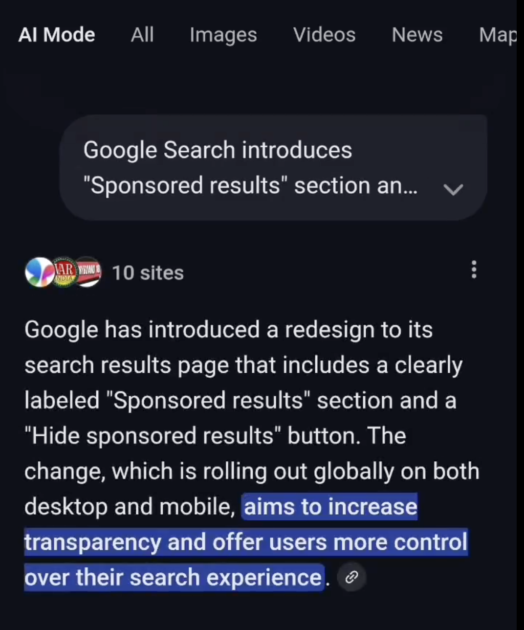 Google AI Mode nach Klick auf Notification