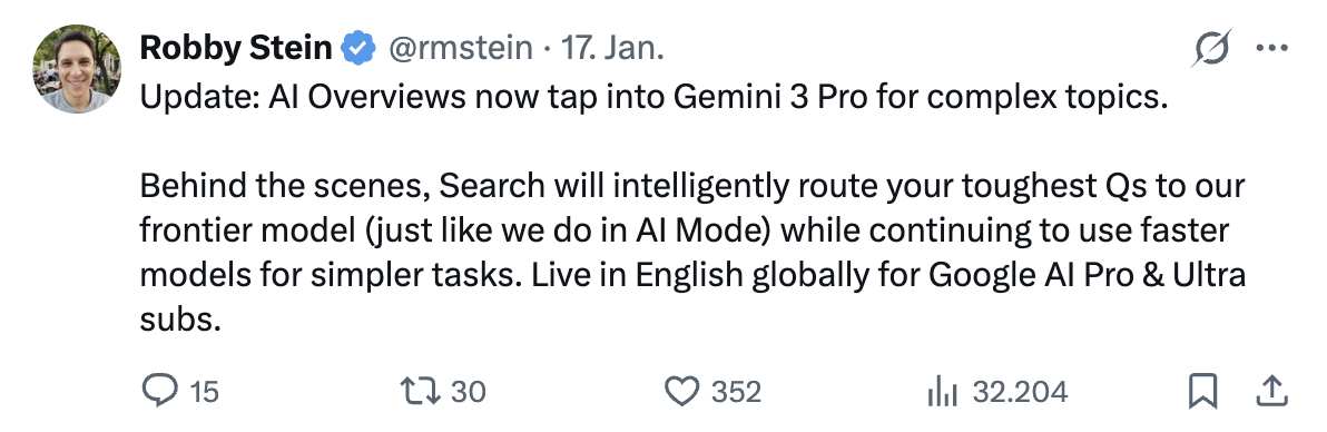 Google AI Overviews nutzen Gemini 3 Pro für schwierige Fragen: Robby Stein von Google auf Twitter