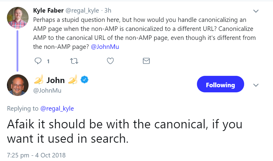 Google: AMP-Seite muss auf Canonical-URL verweisen, um in der Suche verwendet zu werden