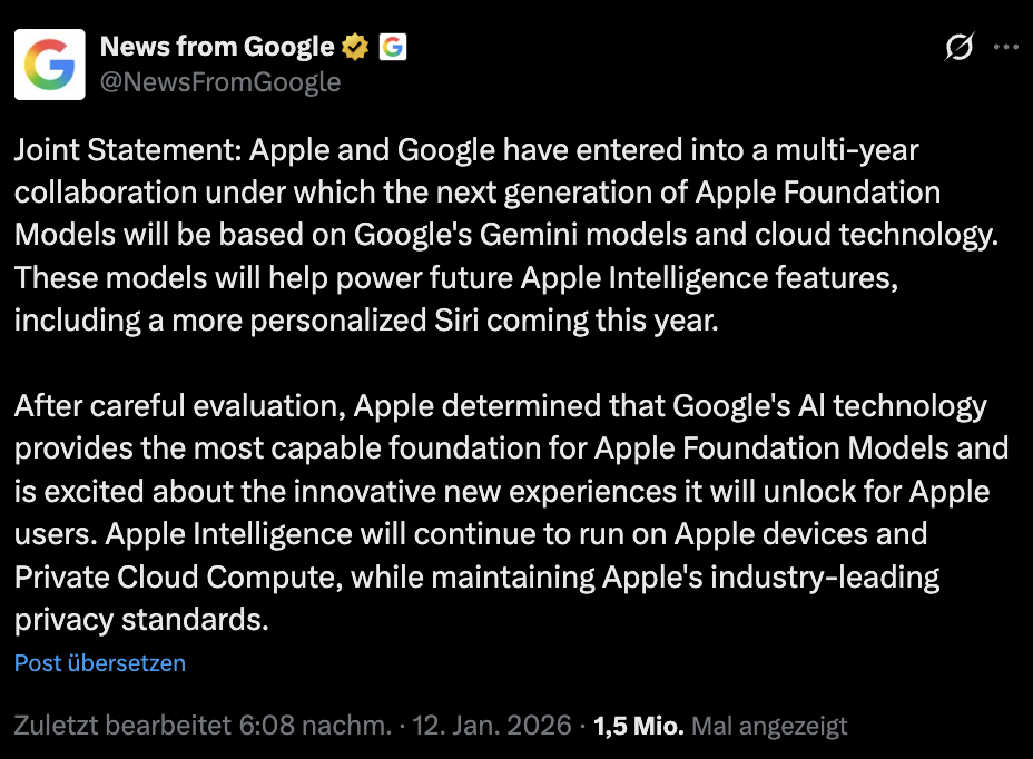 Google gibt Kooperation mit Apple im KI-Bereich bekannt - Post auf X