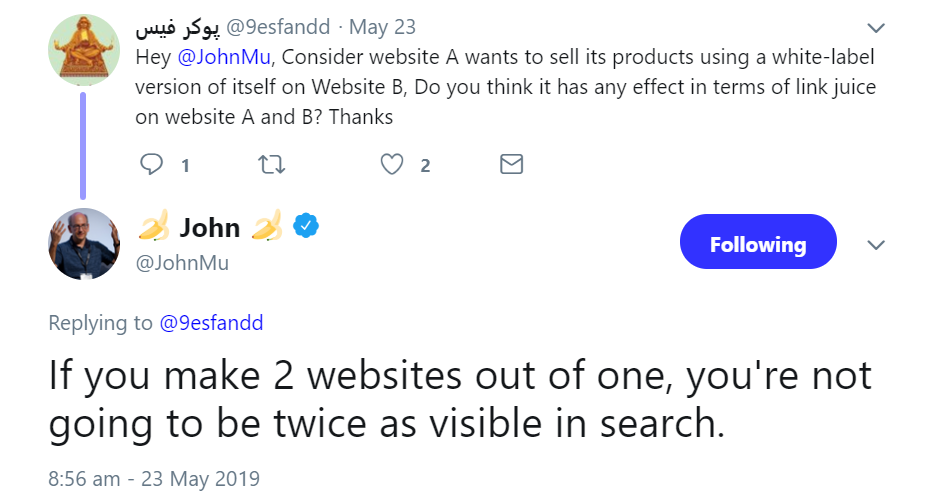 Google: aufteilen von Inhalten auf zwei Websites schafft nicht die doppelte Sichtbarkeit