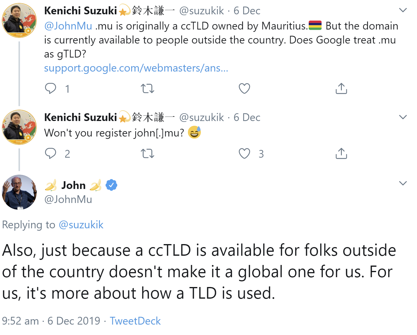 Google behandelt ccTLDs nicht wie gTLDs, nur weil sie auch außerhalb ihres Landes verfügbar sind