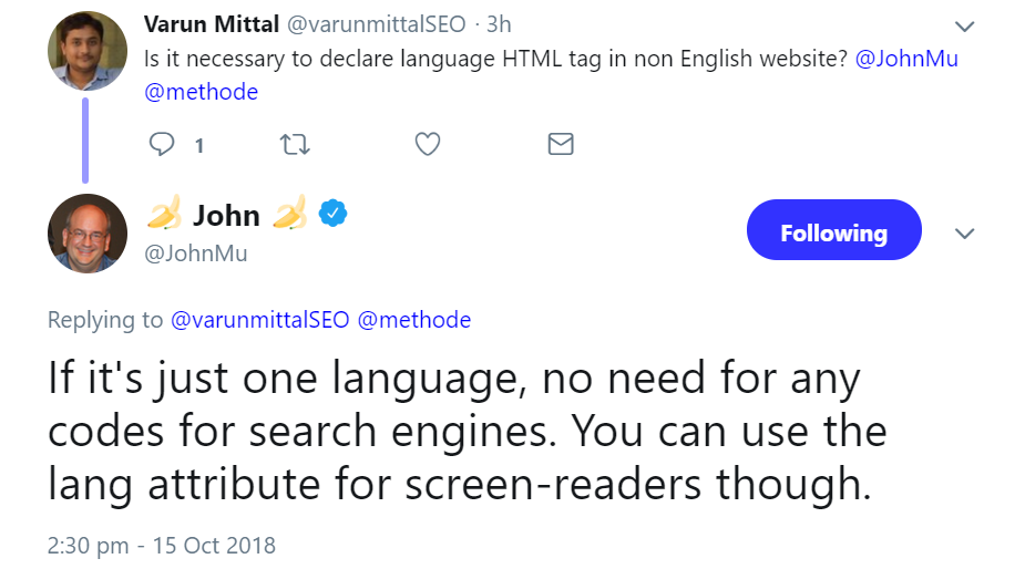 Google: Bei nur einer Sprache auf einer Seite ist keine Kennzeichnung per 'lang'-Attribut notwendig