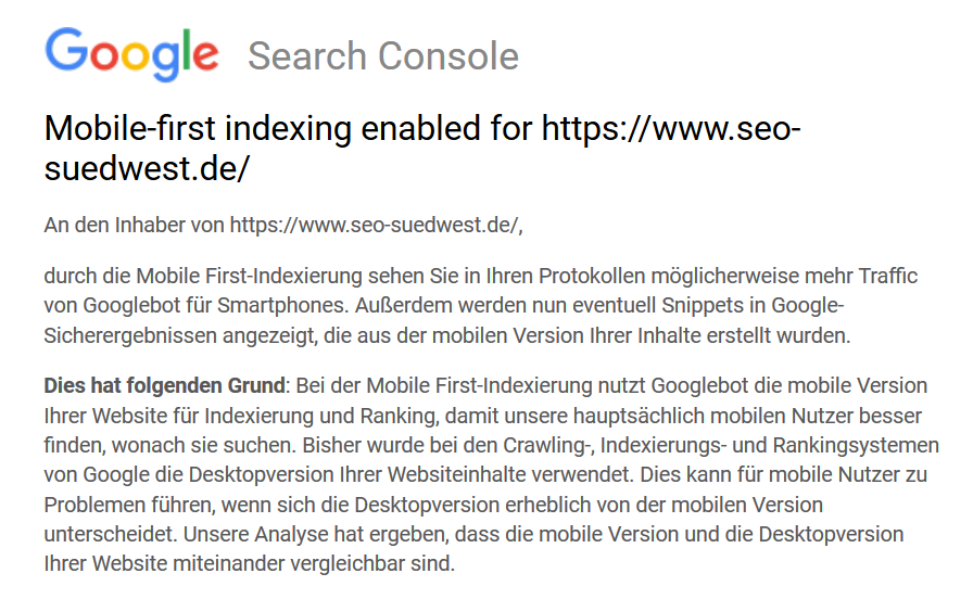 Google_Benachrichtigung über Umstellung auf 'Mobile First'