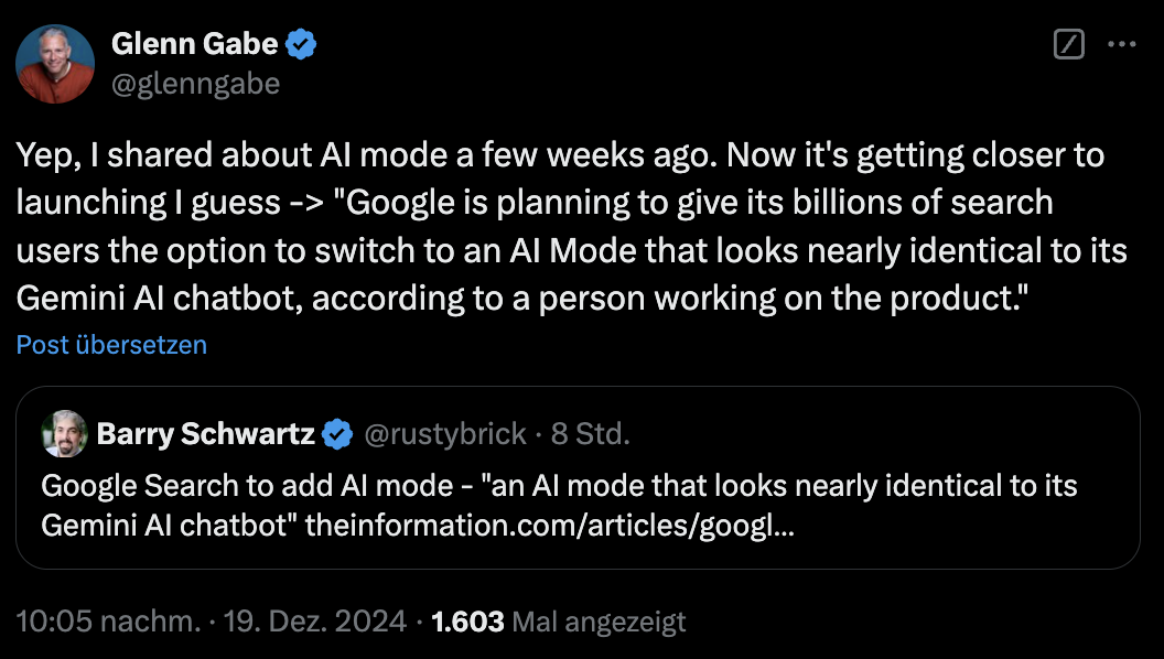 Google bringt AI Mode für die Suche - Glenn Gabe auf Twitter