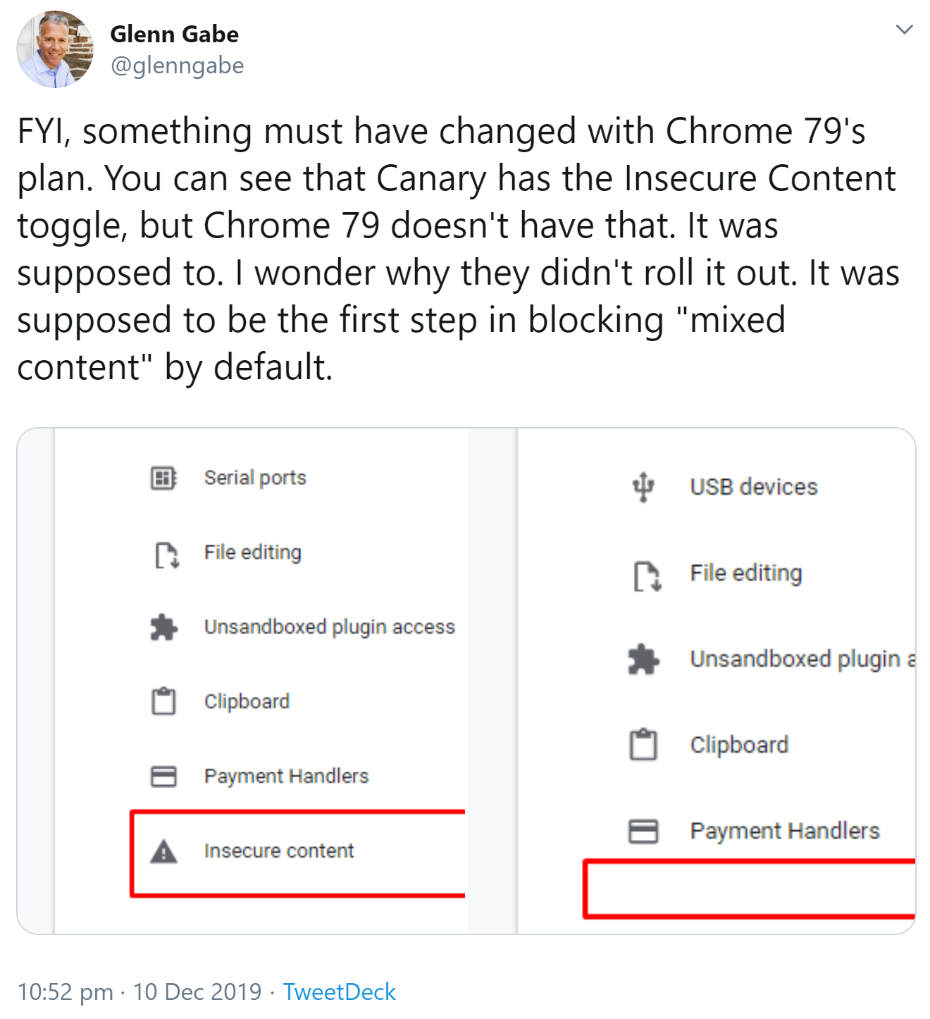 Google Chrome 79: Schalte für unsichere Inhalte fehlt