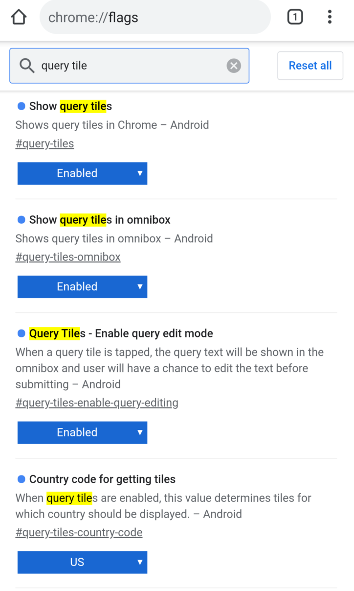 Google Chrome Canary: Flags für Query Tiles