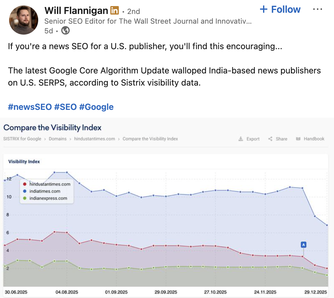 Google Core Update: indische News-Publisher verlieren in den USA - Will Flannigan auf LinkedIn