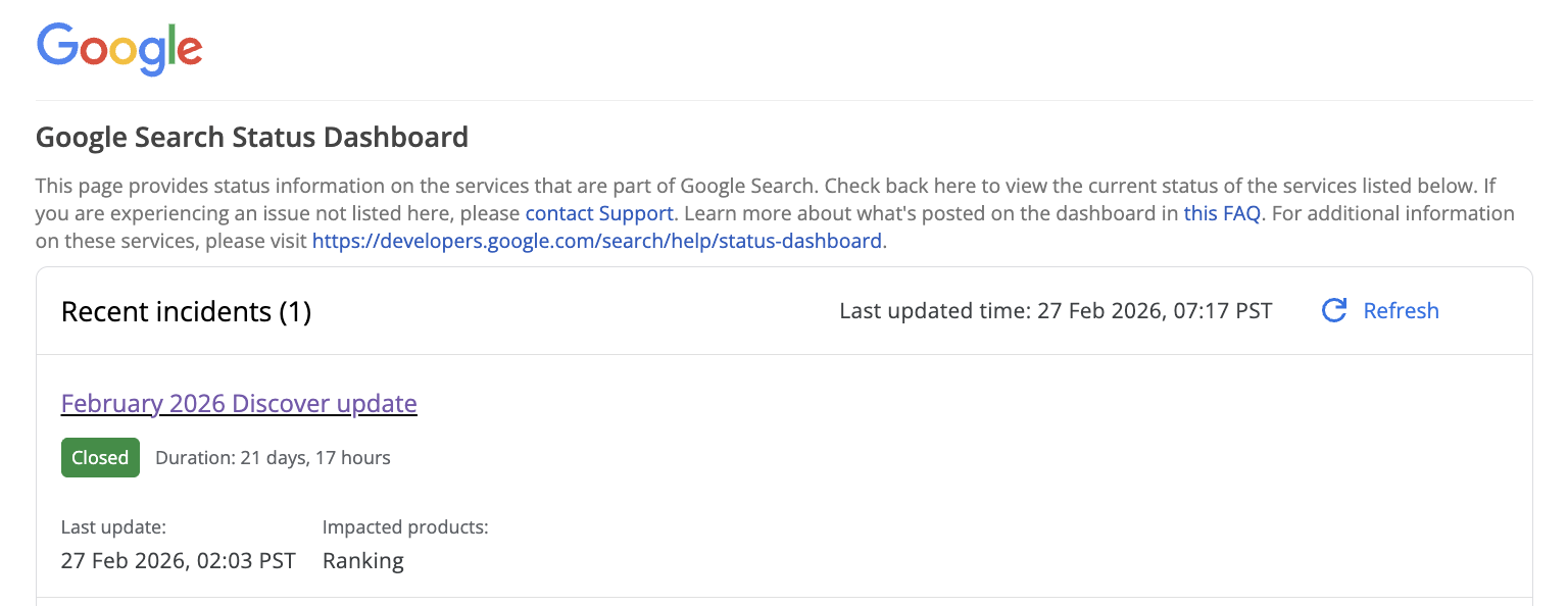 Google Discover Core Update vom Februar ist beendet - Google Search Status Board