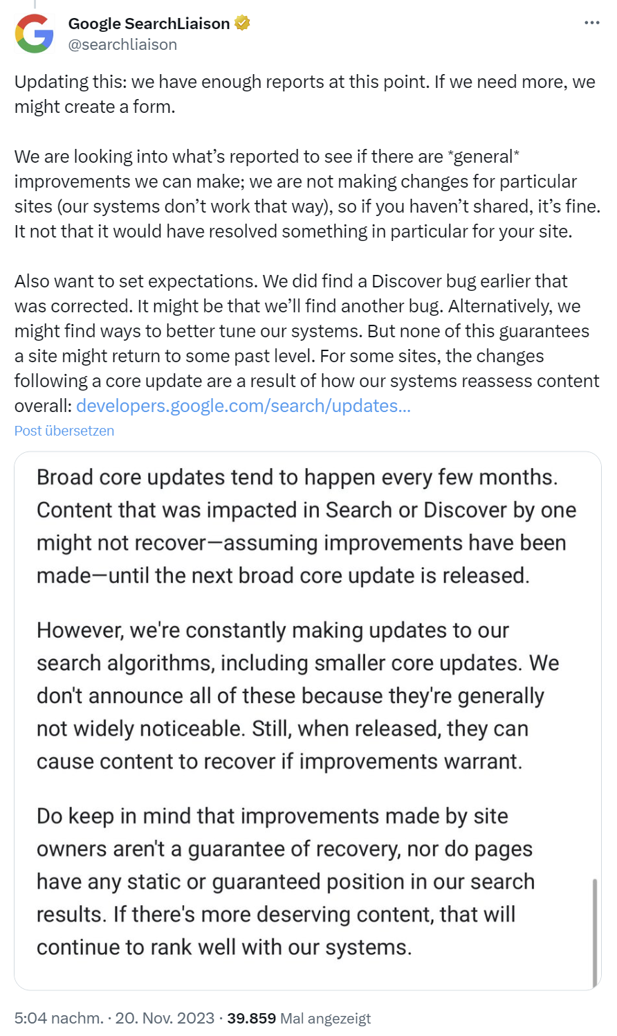 Google: Nach Rückgang des Discover-Traffics keine Garantie zu Rückkehr auf vorheriges Niveau