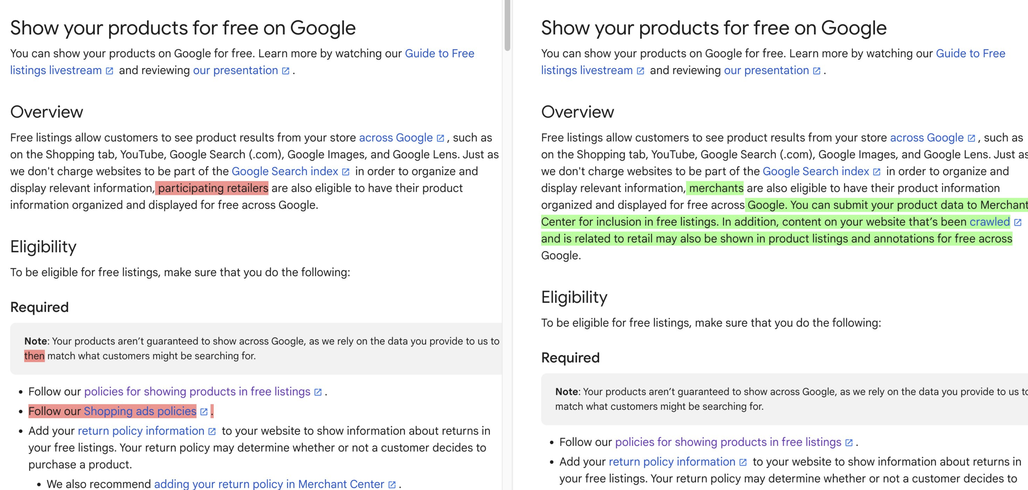 Google Dokumentation zu kostenlosen Product Listings jetzt mit Hinweis, dass auch gecrawlte Inhalte genutzt werden