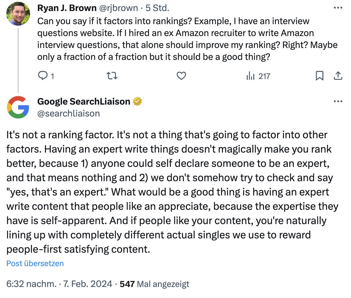 Google: EEAT ist kein Rankingfaktor, Inhalte mit Expertise können aber helfen - Danny Sullivan auf Twitter