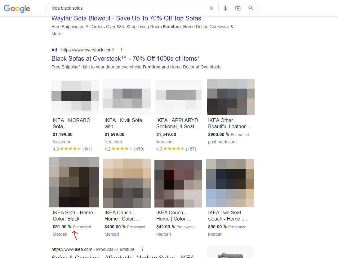 Google Ergebnisse mit 'Pre-owned'-Icon