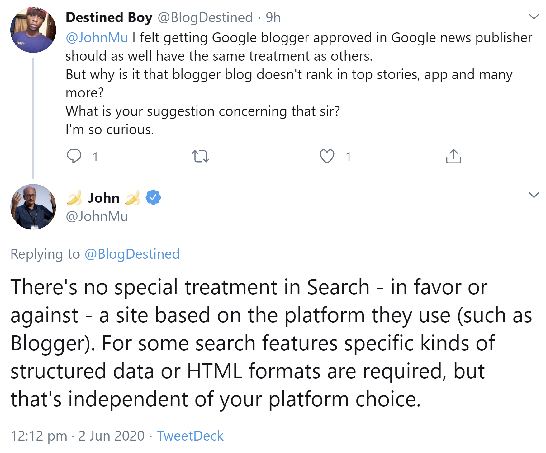 Google bevorzugt oder benachteiligt Websites nicht wegen der verwendeten Plattform