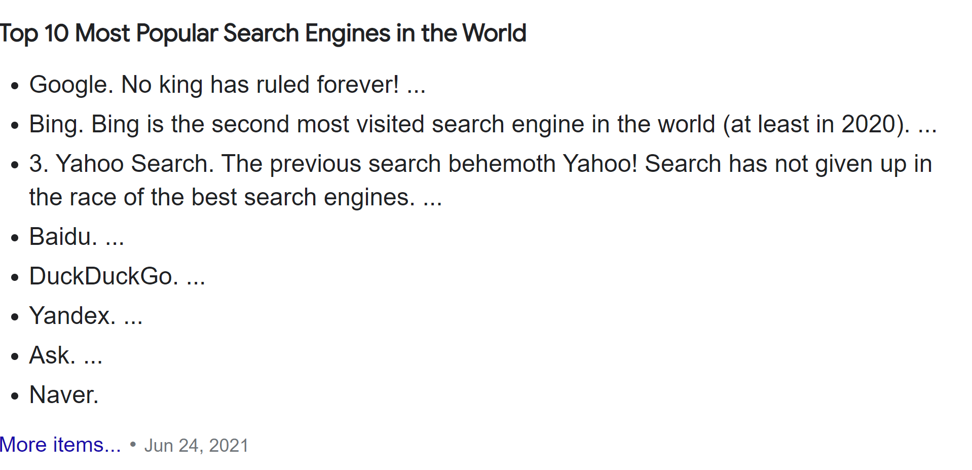 Google: Featured Snippet für 'best search engines'
