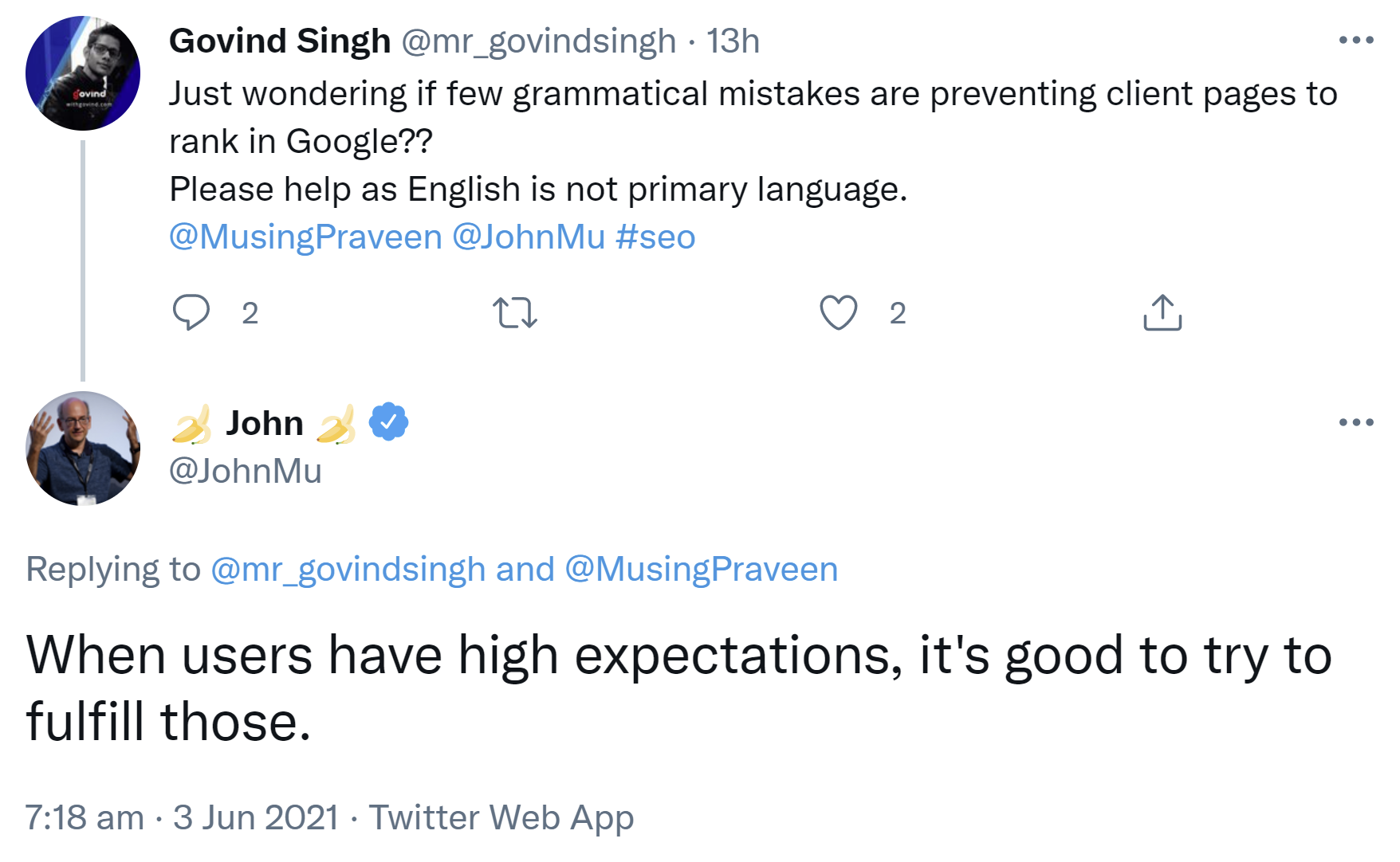 Google zu Grammatikfehlern: versuchen, hohe Erwartungen zu erfüllen