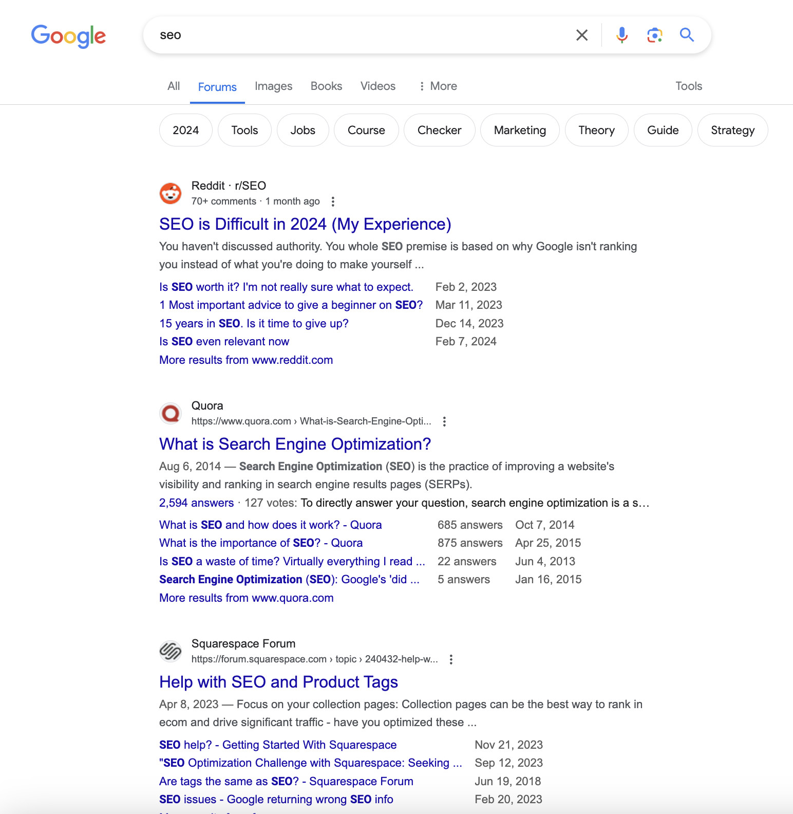 Google: Forums-Ergebnisse für die Suche nach 'SEO'