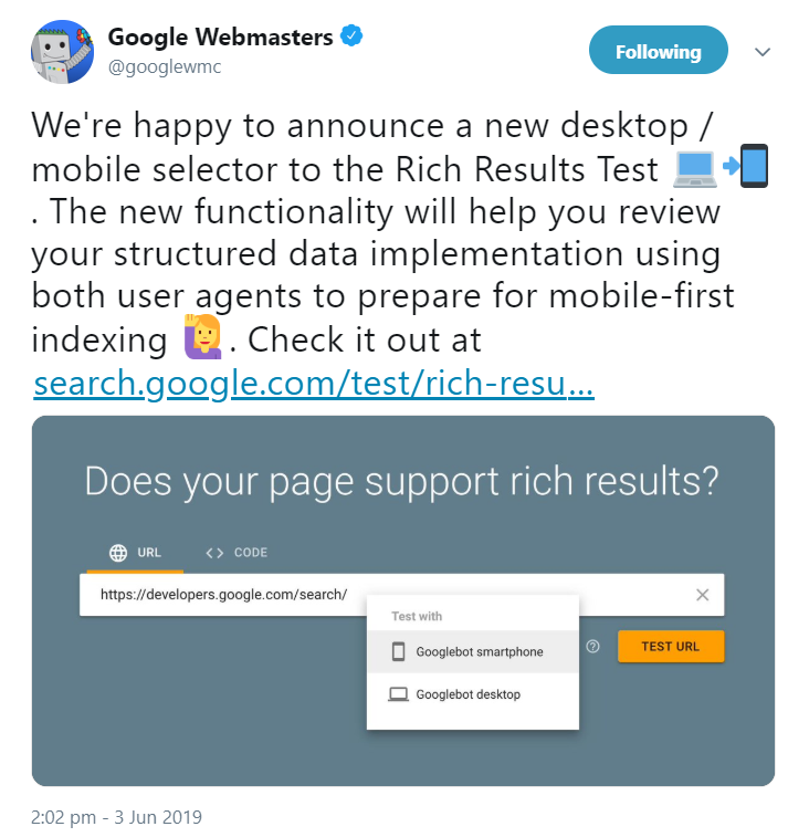 Google führt Schalter zur Auswahl zwischen mobiler und Desktop-Version im Rich Results Tool ein