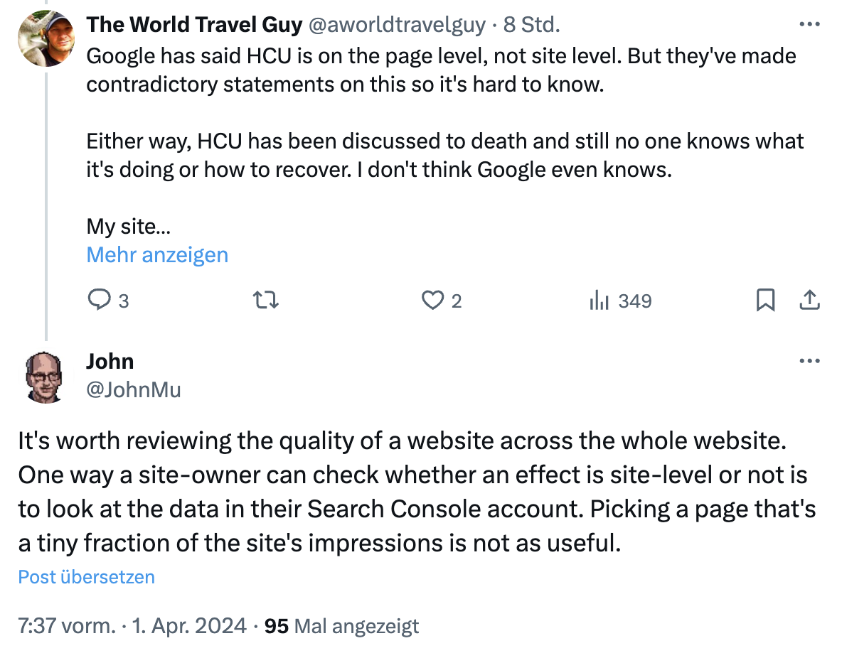 Google: Qualität möglichst auf Ebene der gesamten Website prüfen - John Müller auf Twitter