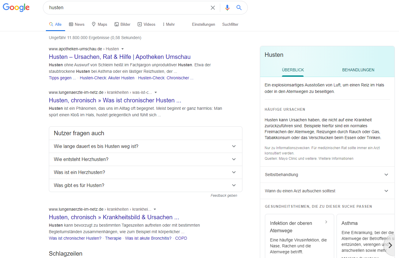Google Health Card: deutsche Suche auf dem Desktop