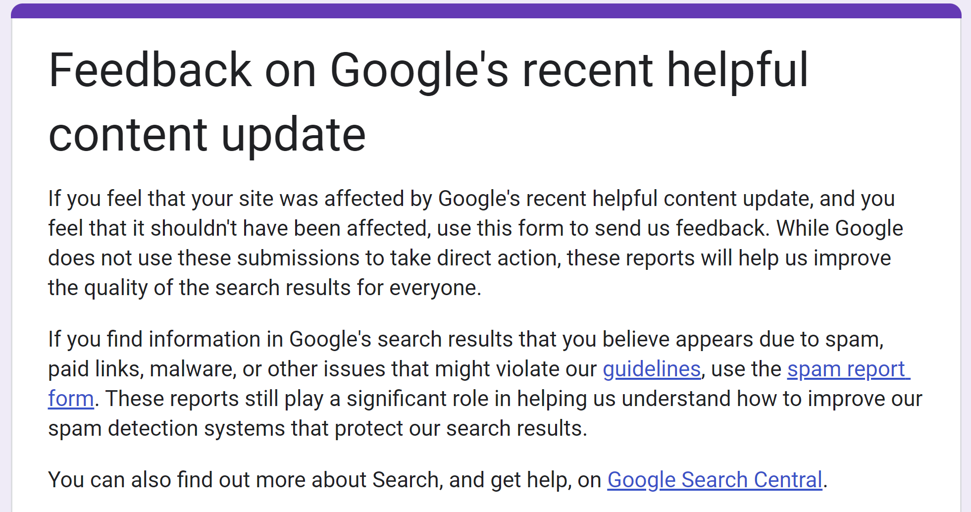 Google: Feedback-Formular zum Helpful Content Update