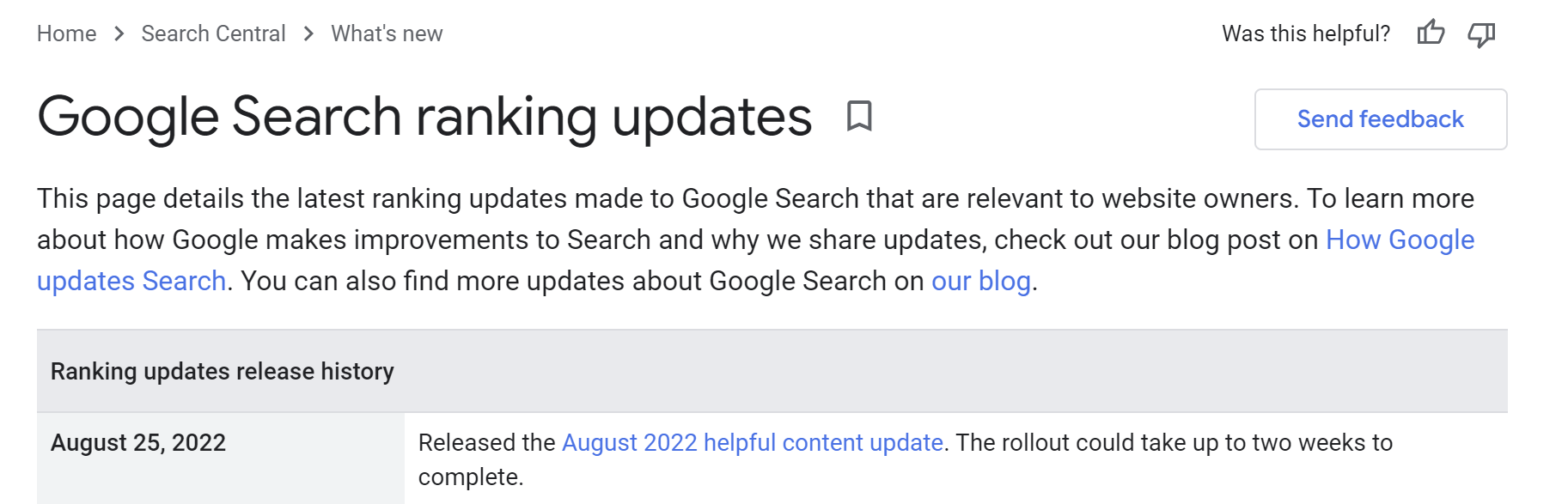 Google: Rollout des Helpful Content Updates hat am 25.08.2022 begonnen